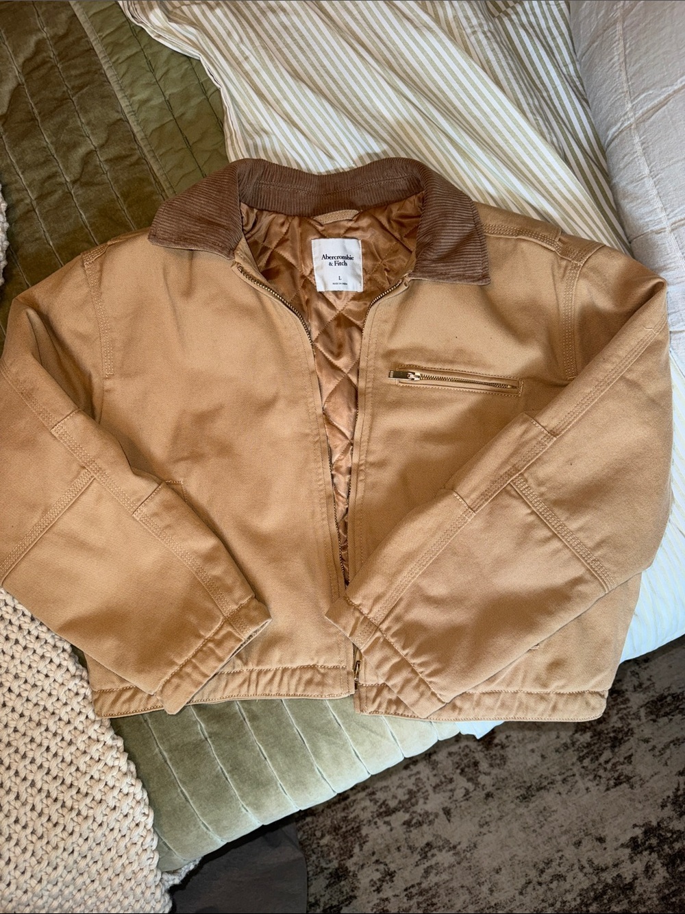 Abercrombie & Fitch Tan Quilted Cropped Trucker Jacket with Corduroy Collar